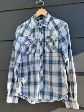 Buffalo David Bitton White and Blue Plaid Button-Down Shirt - L